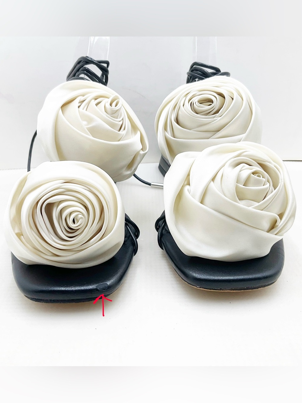 {Steve Madden} Rosalind Ivory Satin Rose Lace-Up Sandals - Picture 7 of 14